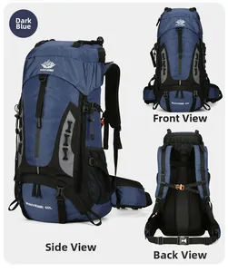 Detail view of 60L dark blue hiking backpack showing side, front and back features