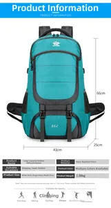 Detail showing 85L hiking backpack dimensions 43x66x25cm with water resistant fabric