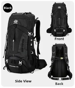 Front, back, and side views of a 60L black outdoor hiking backpack with 3D ergonomic straps
