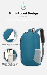 Détail du compartiment avant zippé et des poches filet latérales d'un sac à dos bleu