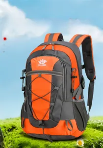 Detail of outdoor hiking backpack featuring breathable padded straps and large capacity