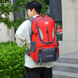 60L large capacity waterproof outdoor hiking backpack in red and grey with adjustable straps