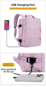 Detail of light purple backpack showing the side USB charging port and buckles