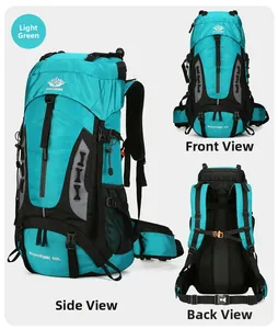 Front, back, and side views of a 60L green outdoor hiking backpack with ergonomic straps