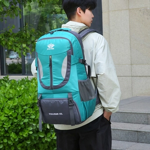 60L large capacity outdoor hiking backpack in blue and grey with multi-pocket system