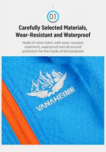 Detail eines blauen Nylon-Rucksacks mit Wabenstruktur und besticktem Vanaheimr-Logo
