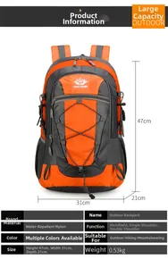 Detailed dimensions of waterproof nylon outdoor backpack with 47cm height and 0.53kg weight