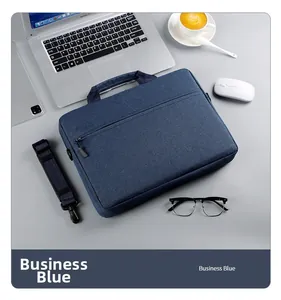 Minimalist business laptop bag in blue with detachable shoulder strap and front pocket