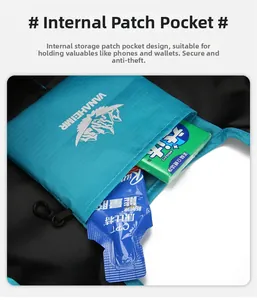 Detail view of the blue inner storage pocket with Vanaheimr logo for travel bags