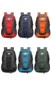 Outdoor hiking backpacks shown in six colors with waterproof nylon and bungee system