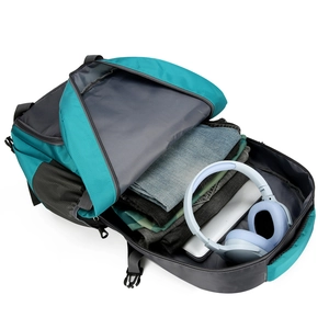 Teal and grey 60L travel backpack with laptop compartment and large storage space