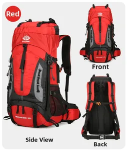 Detailed views of 60L outdoor hiking backpack in red and black with breathable mesh back