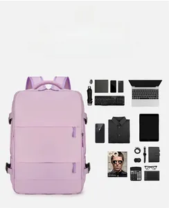 Detailed view of lavender travel backpack showing laptop and multiple storage compartments