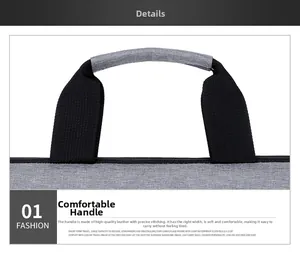 Close-up of the reinforced faux leather handle with precision stitching on a laptop bag