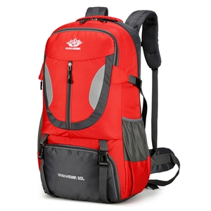 60L outdoor hiking backpack in red and grey with waterproof nylon and multi-pockets