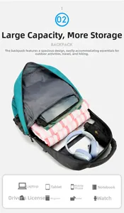 Macro view of a large-capacity hiking backpack showing organized interior storage compartments