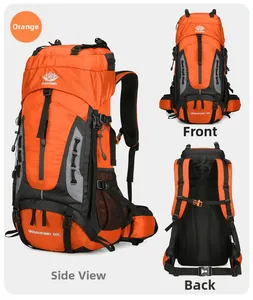 Three-way view of an orange 60L outdoor hiking backpack with ergonomic support system