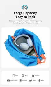 Innenansicht des blauen faltbaren Rucksacks mit Platz für Kopfhörer und Kleidung