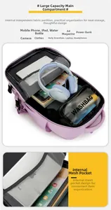Detail view of purple travel backpack internal mesh pocket and multi-layer storage compartments