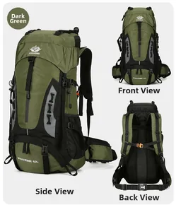 Detail view of 60L dark green hiking backpack showing front, back, and side profiles