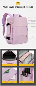 Detail view of purple waterproof nylon backpack featuring multi-layer storage and wet-dry pocket