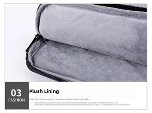 Slim laptop bag featuring a soft plush grey lining for shockproof protection and cushioning