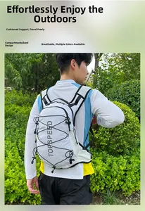Outdoor hydration backpack detail showing breathable mesh straps and partitioned storage