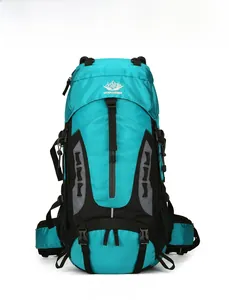 Front detail of 60L lake blue hiking backpack showing logo and tear-resistant fabric