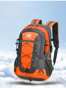 Macro detail of the orange and grey hiking backpack with lightweight mesh shoulder straps