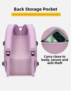 Detail view of anti-theft back pocket and breathable mesh padding on purple backpack