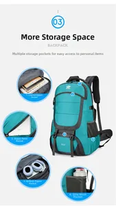 Detail view of 85L waterproof hiking backpack with multiple storage compartments and mesh pockets
