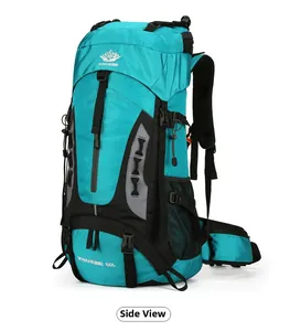 Side view of 60L hiking backpack in teal and black featuring multiple gear loops