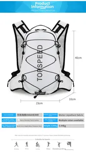 Water-resistant outdoor sports backpack showing technical specs 23x40x10cm and weight 0.44kg