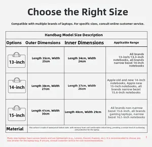 Size chart for waterproof laptop briefcase showing dimensions for 13, 14, and 15 inch models