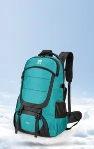 Detail of 85L lightweight cyan hiking backpack showing capacity and durable buckles