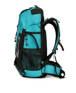 Side view of large outdoor hiking backpack with side mesh pockets and adjustable straps