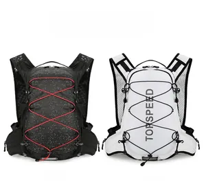 Dual view of black and white breathable mesh running vests with elastic cords and logos