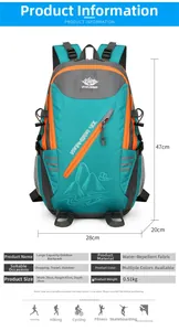 Detailed specifications of 40L hiking backpack showing water-resistant fabric and 0.51kg weight
