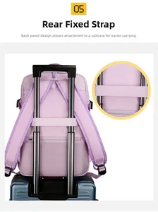 Purple travel backpack with a functional rear luggage strap for secure suitcase attachment