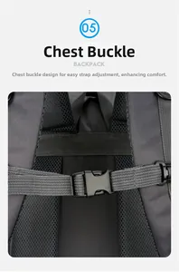 Detail of adjustable chest buckle and breathable mesh padding on the grey hiking backpack