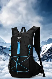 Outdoor cycling backpack with black fabric, blue accents and flexible storage cords