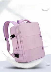 Close-up of light purple travel backpack highlighting lightweight design and breathable straps