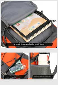 Detail showing internal laptop compartment, front zip pocket, and elastic mesh water bottle holder