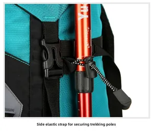 Close-up of side elastic attachment system for securing trekking poles on hiking backpack