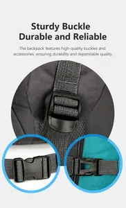 Close-up of durable plastic buckles and nylon webbing on high-capacity outdoor backpack