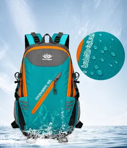 Close-up of 40L hiking backpack showing water-resistant nylon fabric and splash effect