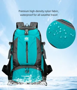 Detail van 50L waterdichte blauwe nylon wandelrugzak met inzoomen op de dichte stof