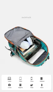 Internal storage layout of hiking backpack with laptop, headphones and travel gear