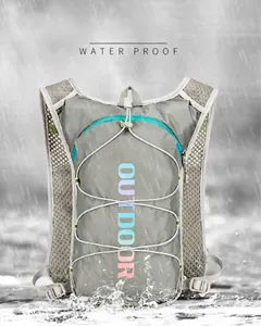 Close-up of high-density waterproof fabric on gray outdoor running backpack with raindrops