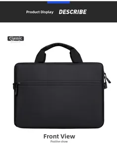 Front view of classic black nylon laptop bag with durable handles and zip pocket